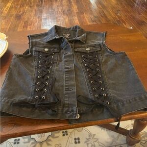 Love Tree Black Denim Vest Laced Front/Back Goth Moto Biker Women’s Size Large